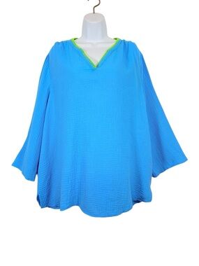 Belle Beach Kim Gravel Blue Gauze Tunic Top Neon Stitch Trim XL Boho 100%Cotton